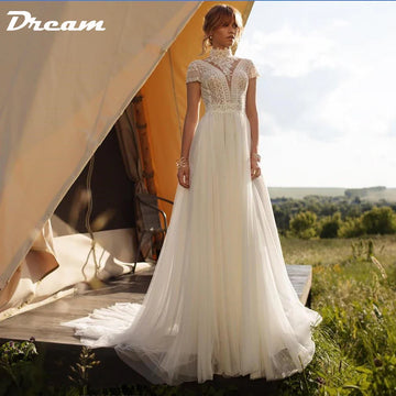 Runhufu Boho Lace Tulle High Neck Wedding Dress 2024 Cap Sleeves A-Line Bohemian Bridal Gown Vintage Elegant Robe De Mari¨¦e